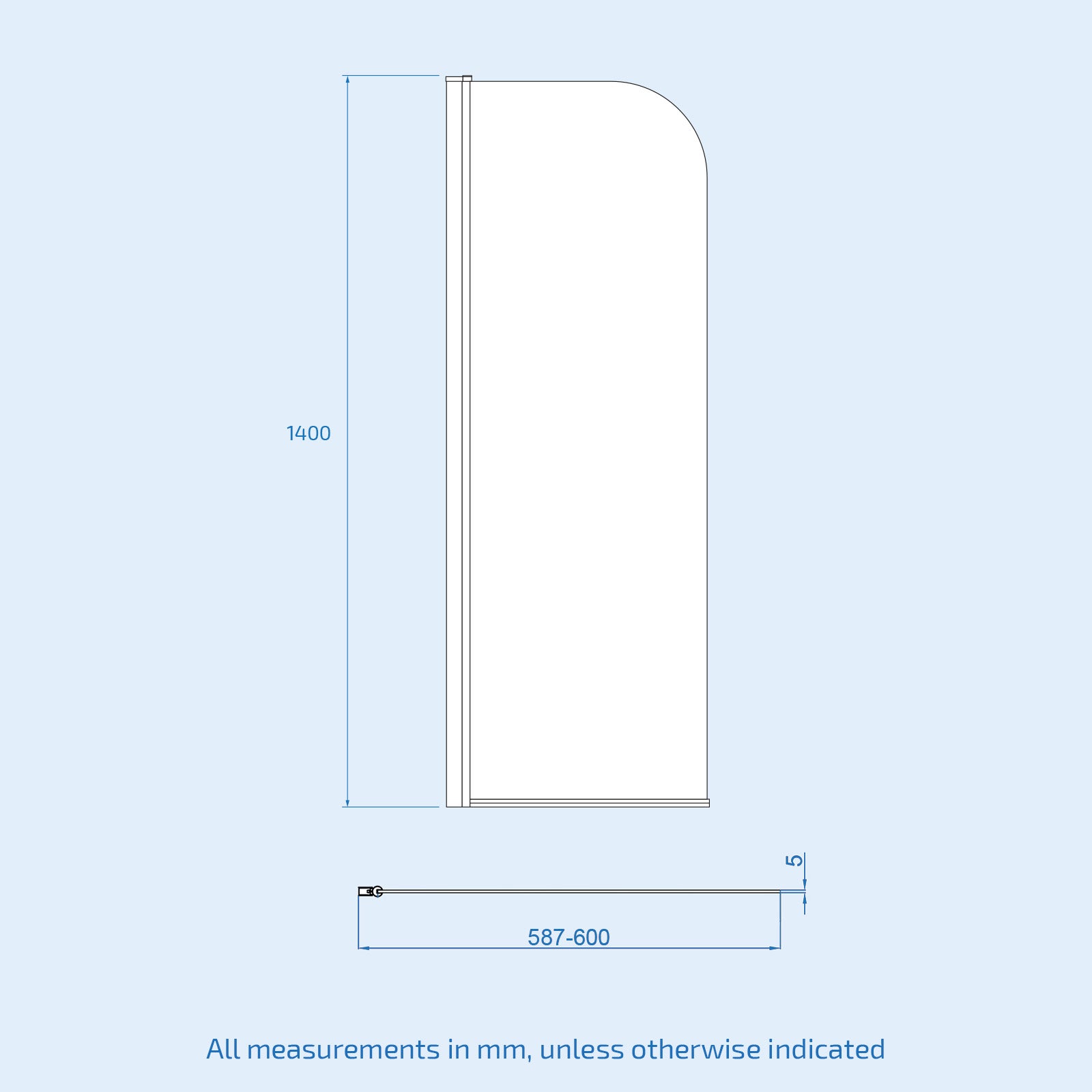 Hinged 600 x 1400mm Bathtub Screen, 5mm Tempered Glass - Brushed Brass
