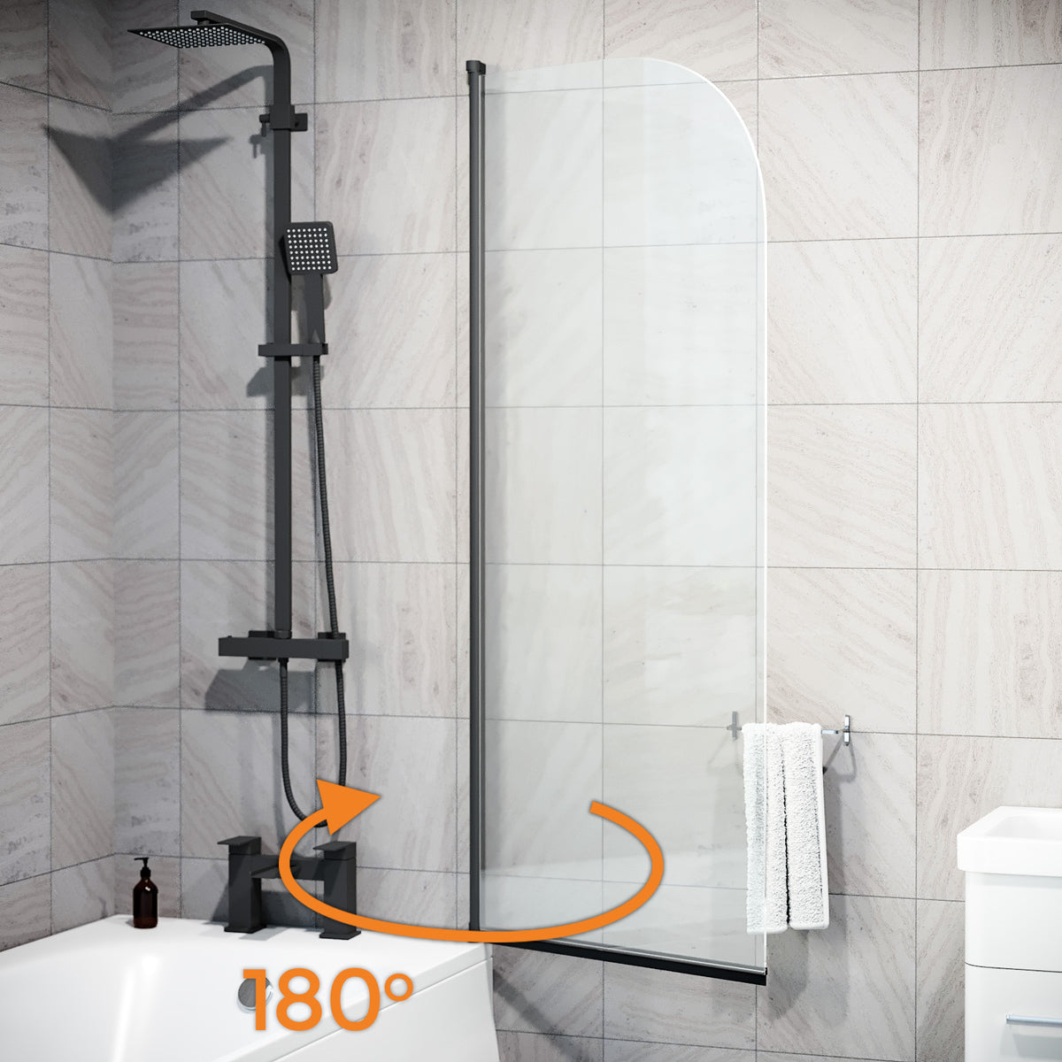 Hinged 600 x 1400mm Bathtub Screen, 5mm Tempered Glass - Matte Black