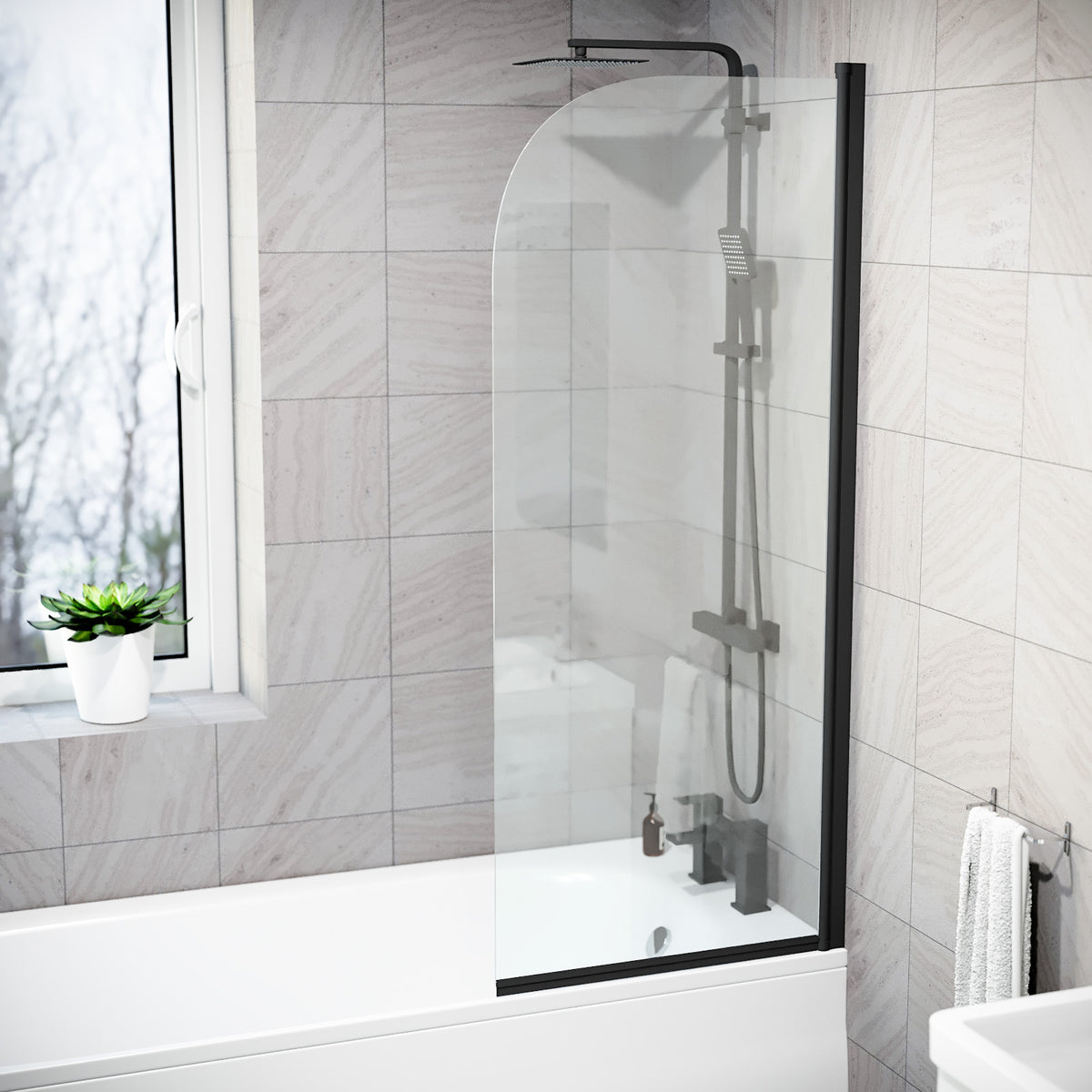 Hinged 600 x 1400mm Bathtub Screen, 5mm Tempered Glass - Matte Black