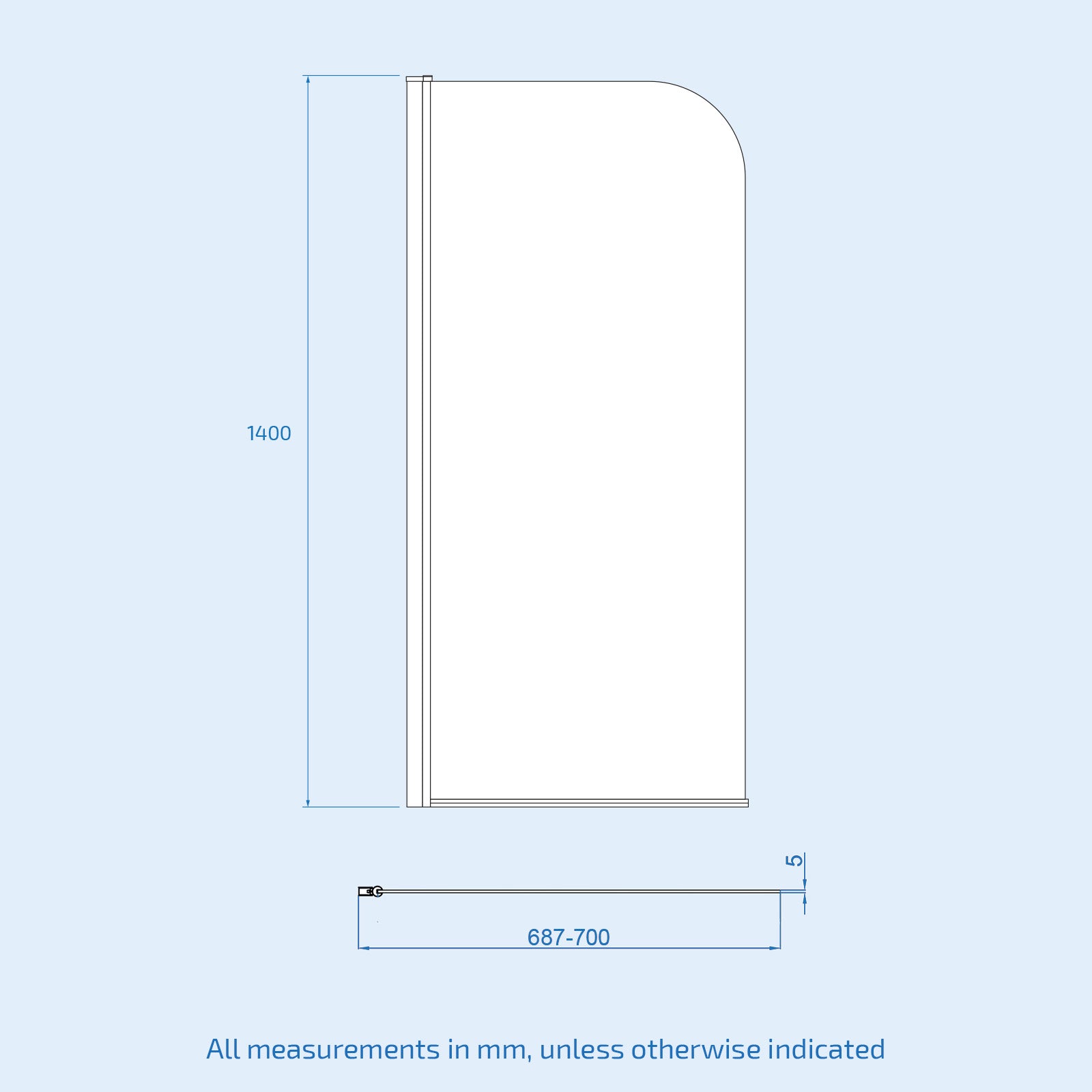 Hinged 700 x 1400mm Bathtub Screen, 5mm Tempered Glass - Brushed Brass