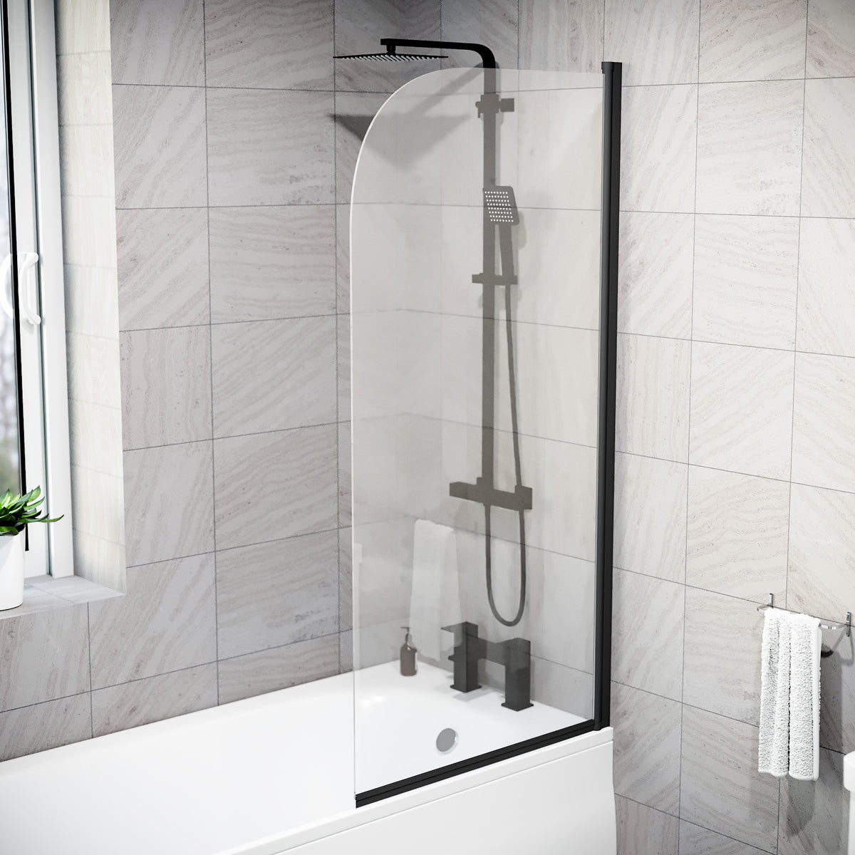 Hinged 700 x 1400mm Bathtub Screen, 5mm Tempered Glass - Matte Black