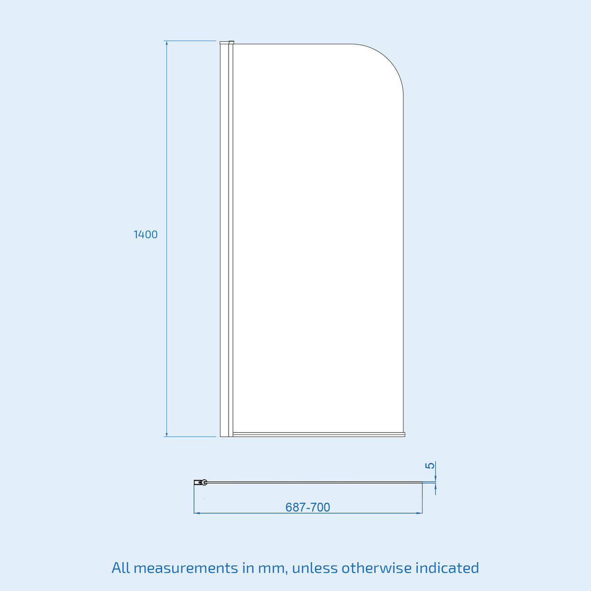 Hinged 700 x 1400mm Bathtub Screen, 5mm Tempered Glass - Aluminium