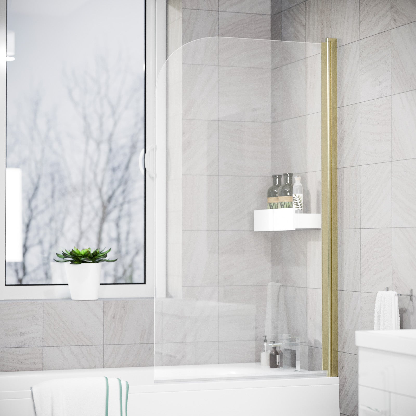 Brushed Brass 800mm Frameless Curved Pivot Bath Shower Screen Door