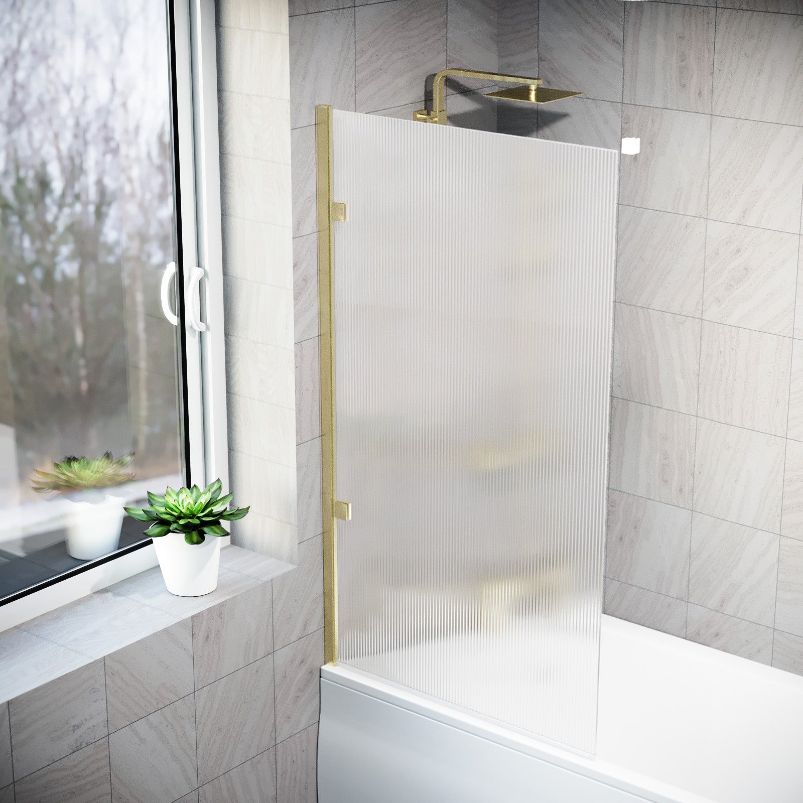 800mm Fluted Bath Screen, Easy Clean Brushed Brass Aluminium and Parts