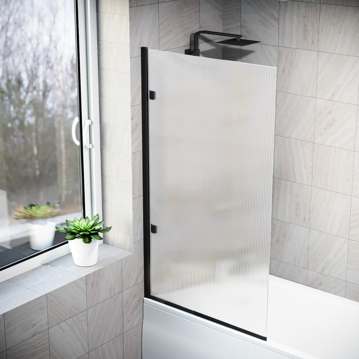 800mm Fluted Bath Screen, Easy Clean Matte Black Aluminium and Parts