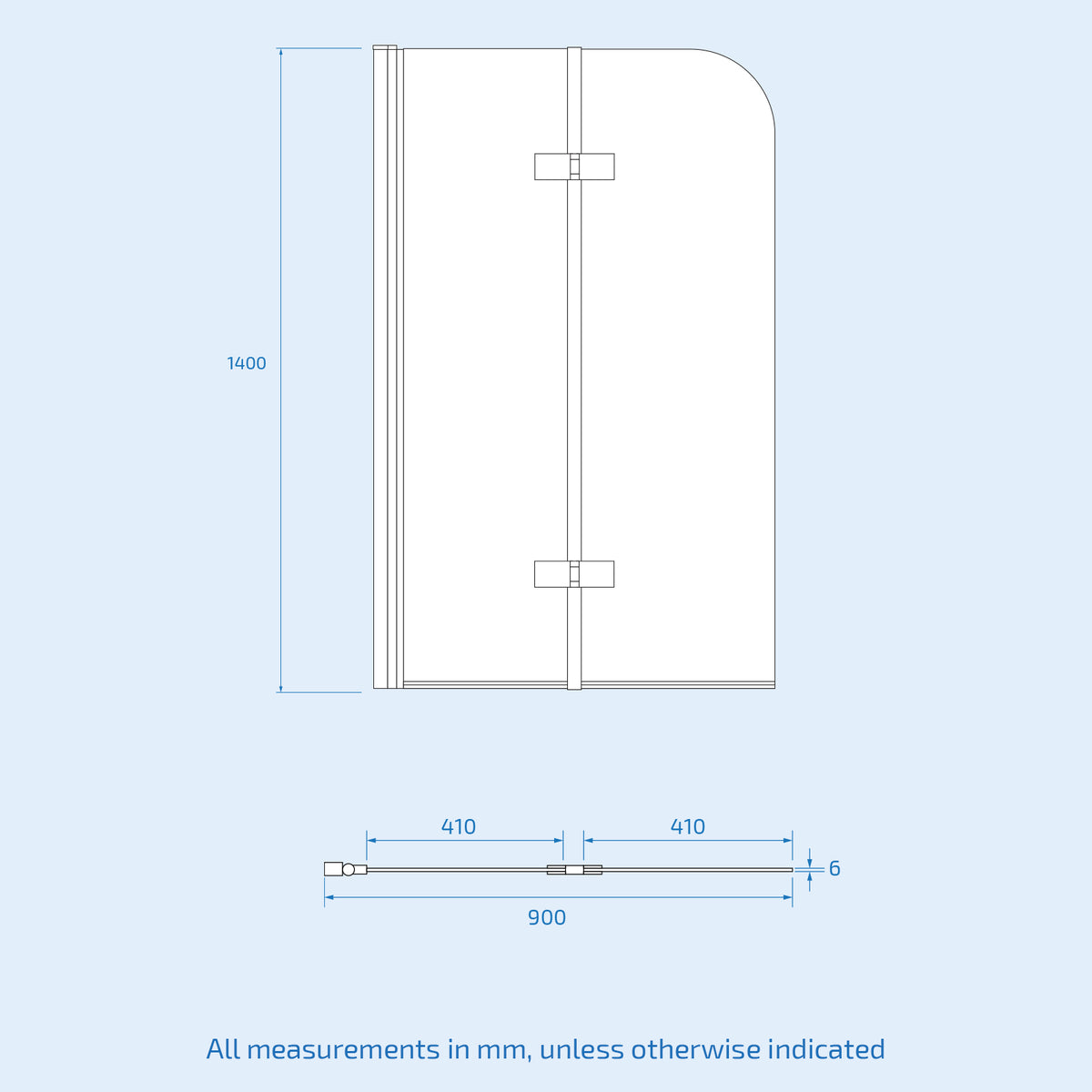 Hinged 900 x 1400mm Bathtub Screen, 6mm Tempered Glass - Aluminium