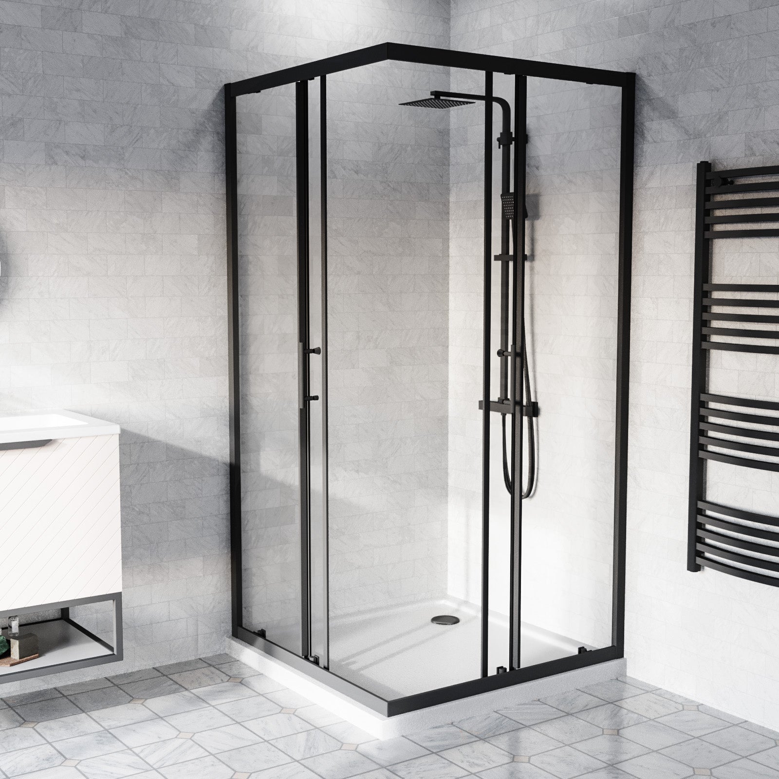 Manga 800 x 800mm Matte Black Framed Corner Entry Sliding Door Shower Enclosure With Tray