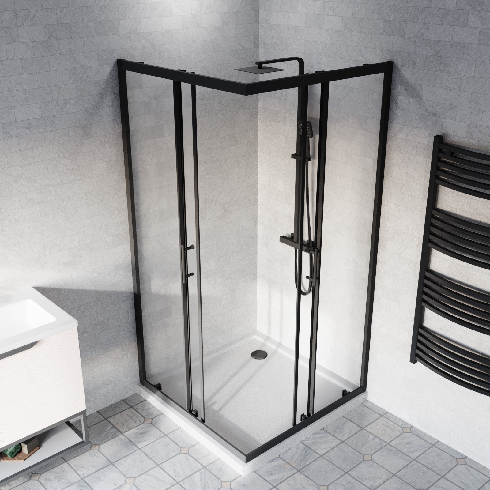 Manga 800 x 800mm Matte Black Framed Corner Entry Sliding Door Shower Enclosure With Tray