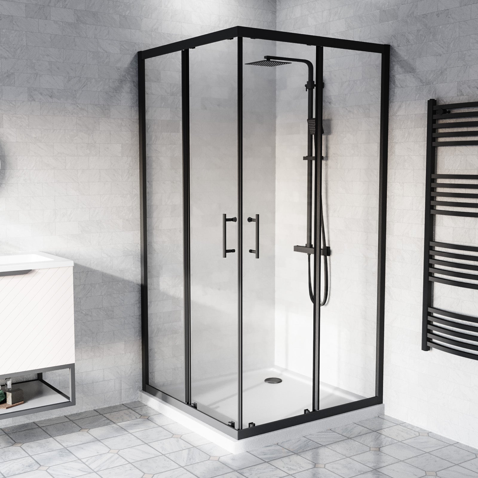 Manga 760 x 760mm Matte Black Framed Corner Entry Sliding Door Shower Enclosure With Tray