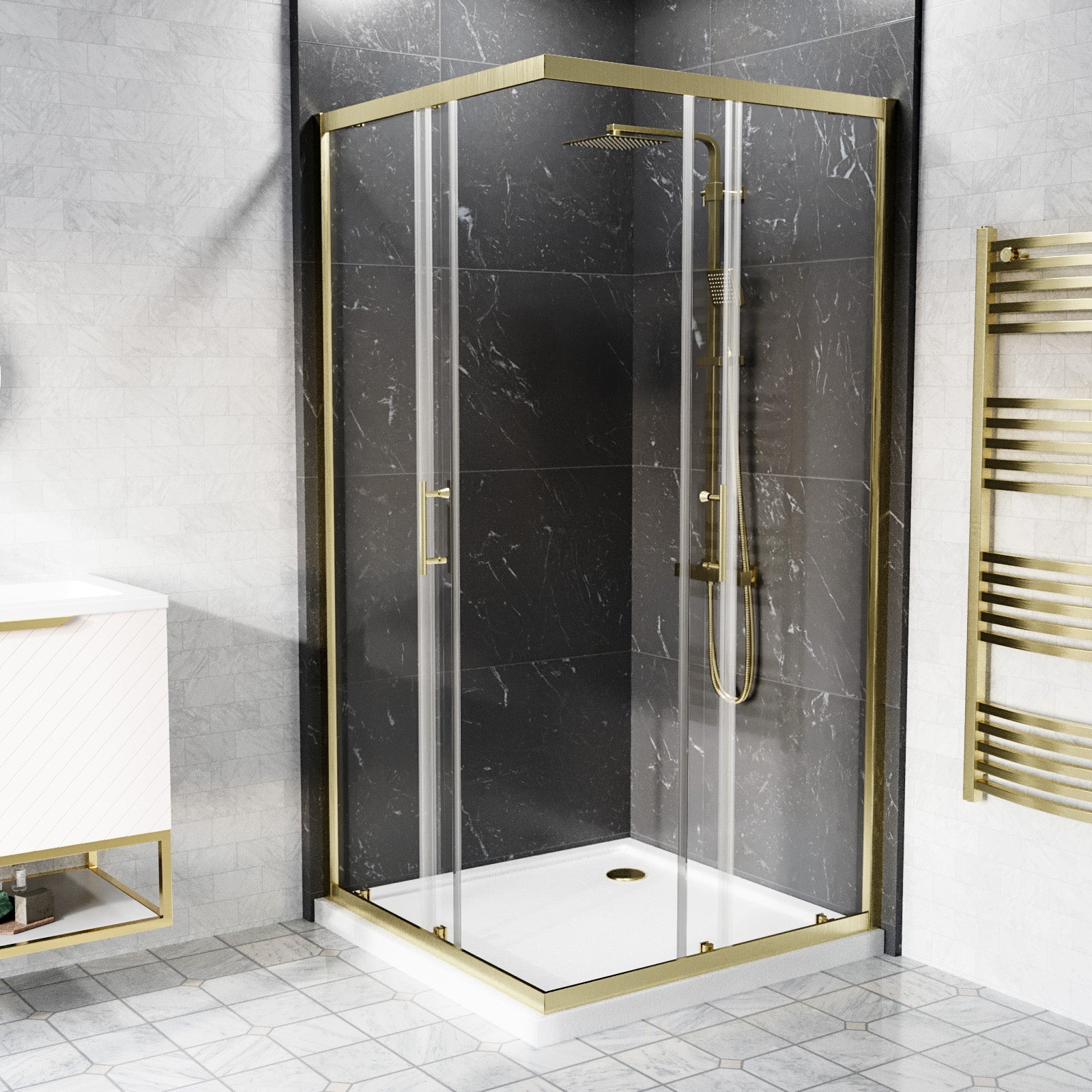 Manga 900 x 900mm Brushed Brass Framed Corner Entry Sliding Shower Enclosure Tray