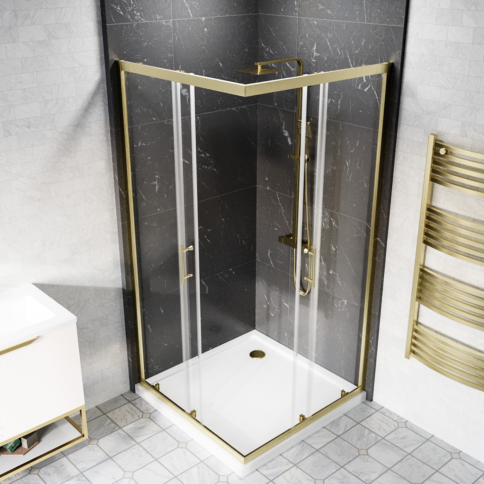 Manga 760 x 760mm Brushed Brass Framed Corner Entry Sliding Shower Enclosure Tray