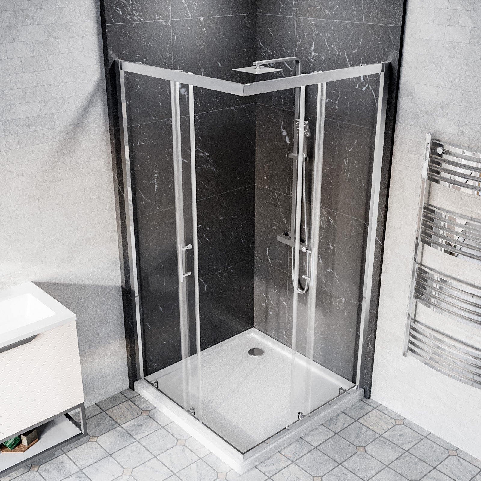 Manga 900 x 900mm Chrome Framed Corner Entry Sliding Door Shower Enclosure With Tray