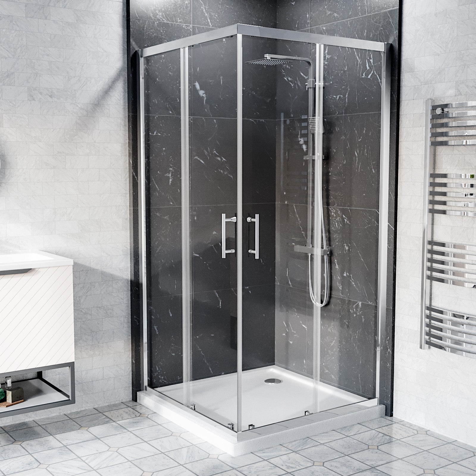 Manga 760 x 760mm Chrome Framed Corner Entry Sliding Door Shower Enclosure with Tray