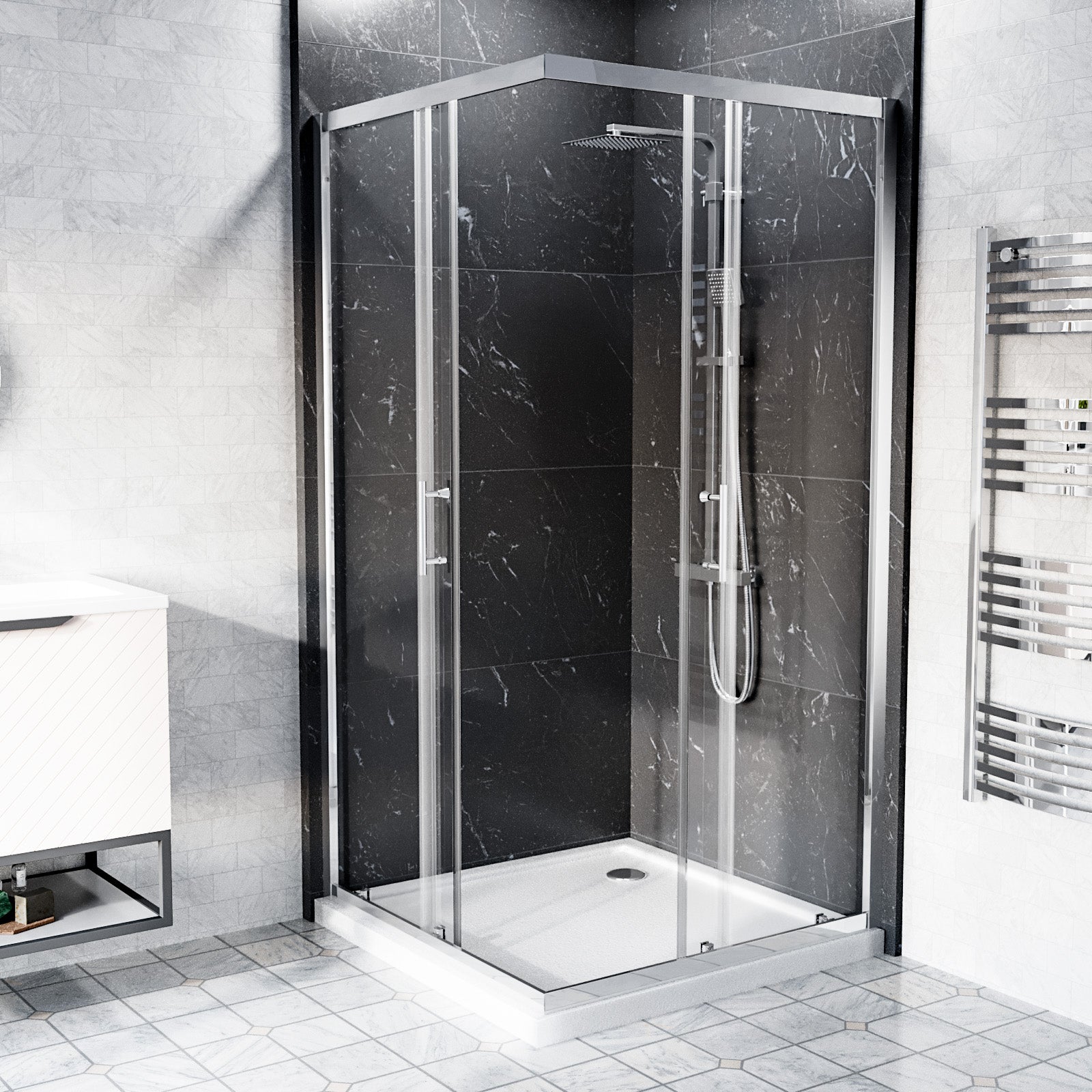 Manga 760 x 760mm Chrome Framed Corner Entry Sliding Door Shower Enclosure with Tray