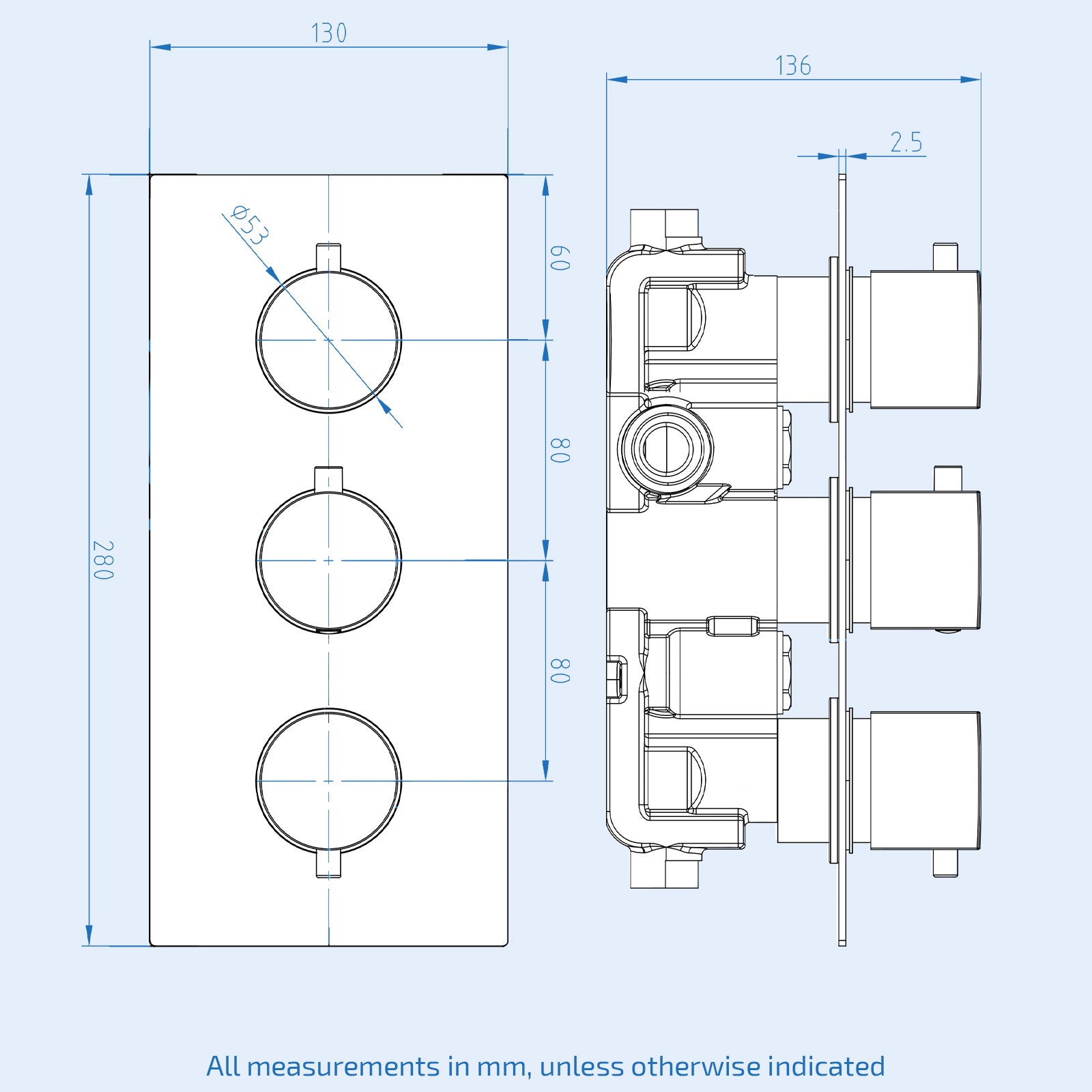 3 Dial 2 Way Concealed Thermostatic Round Shower Mixer Valve - Brushed Brass