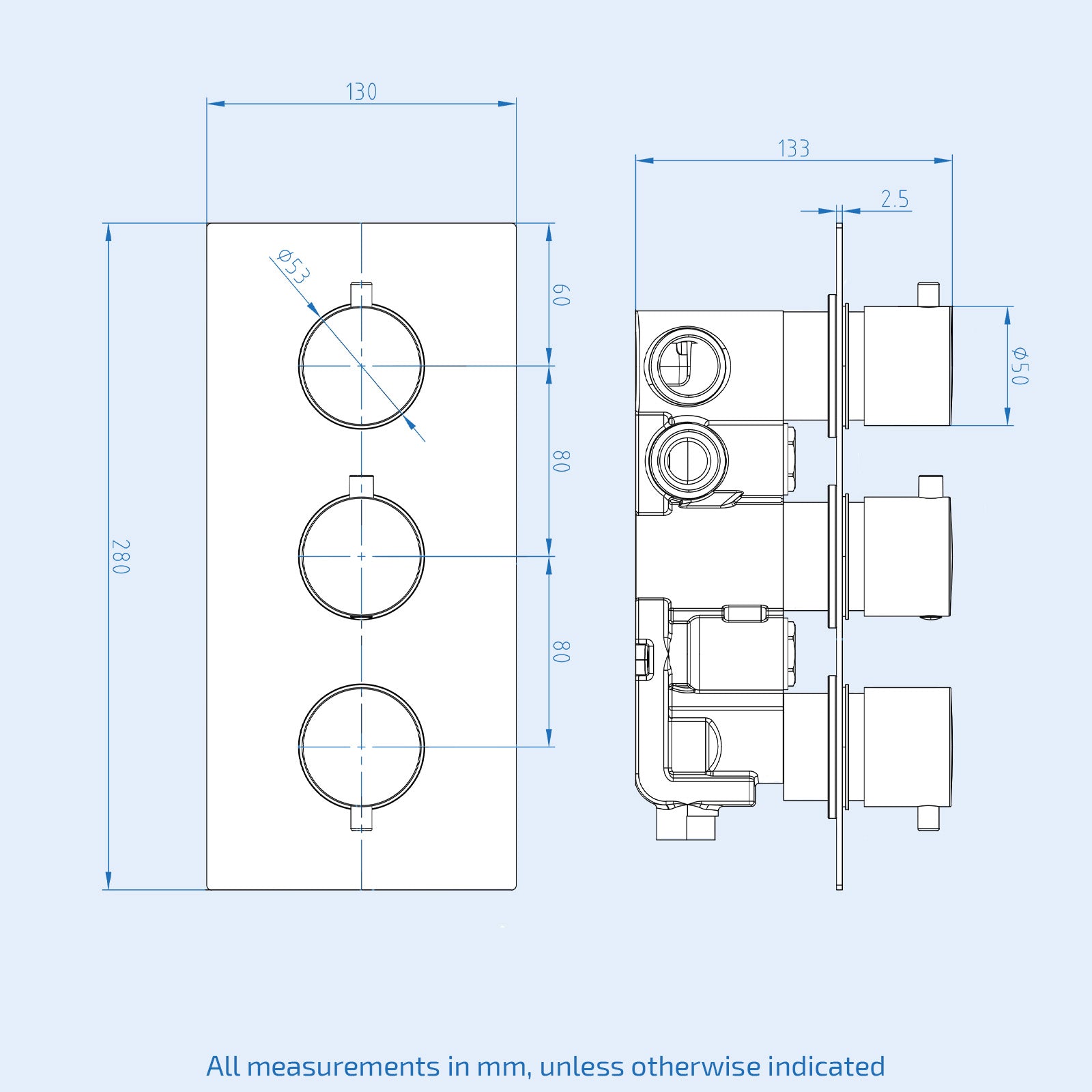 3 Dial 3 Way Concealed Thermostatic Round Shower Mixer Valve - Brushed Brass