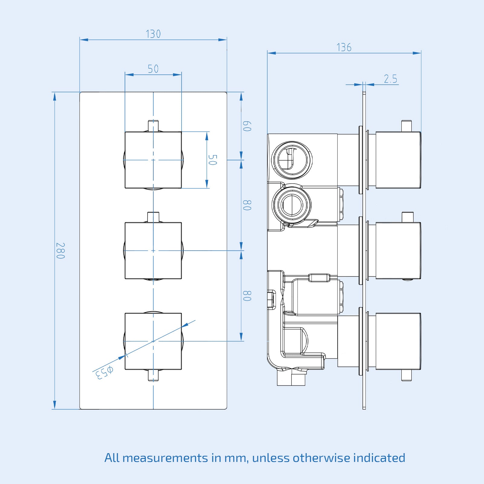 3 Dial 3 Way Concealed Thermostatic Square Shower Mixer Valve - Brushed Brass