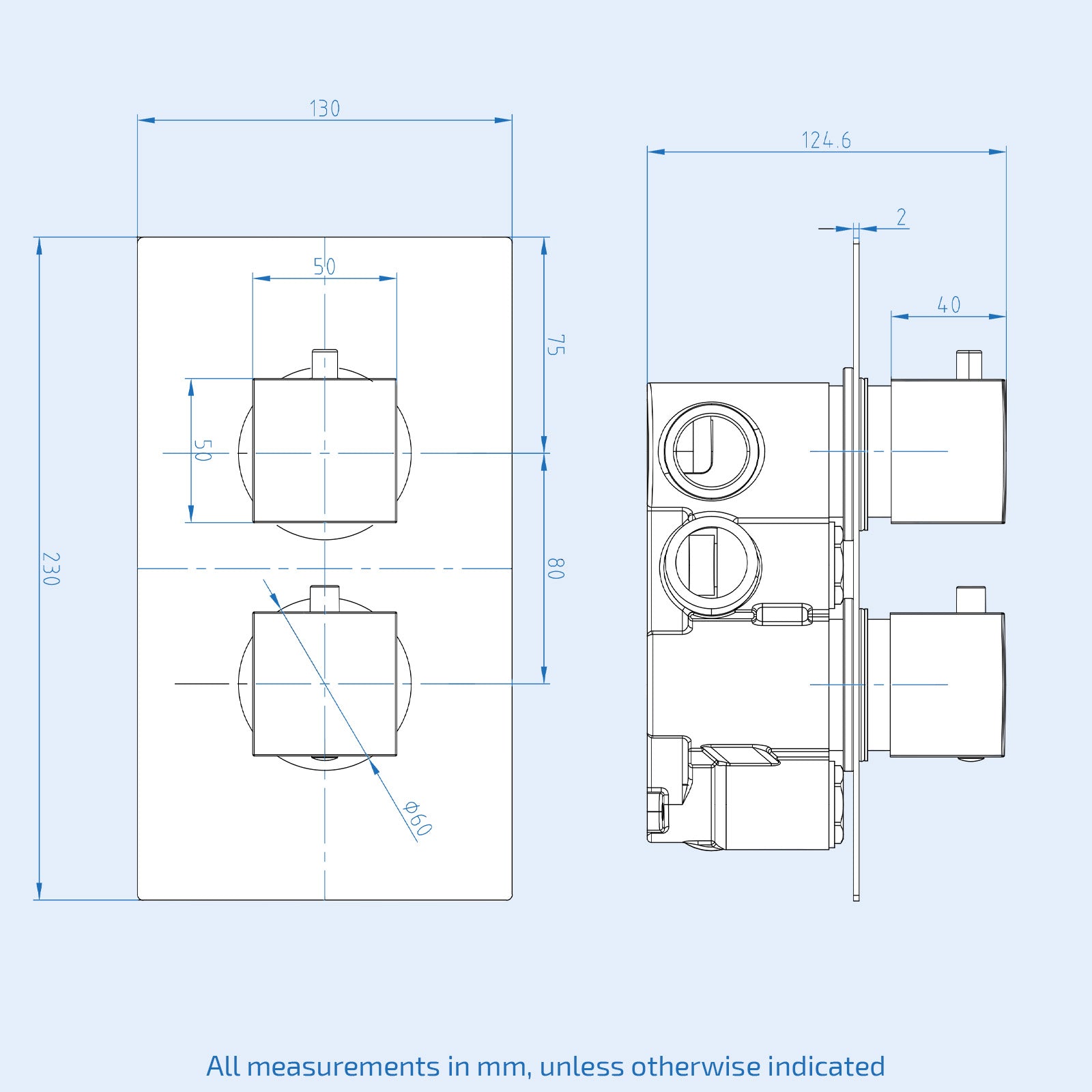 2 Dial 2 Outlet Concealed Square Thermostatic Shower Valve - Brushed Brass