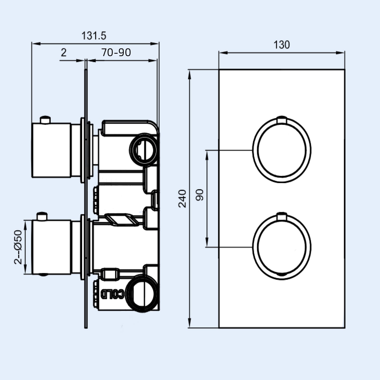 Concealed Thermostatic Mixer Valve Brushed Brass - Double Outlet