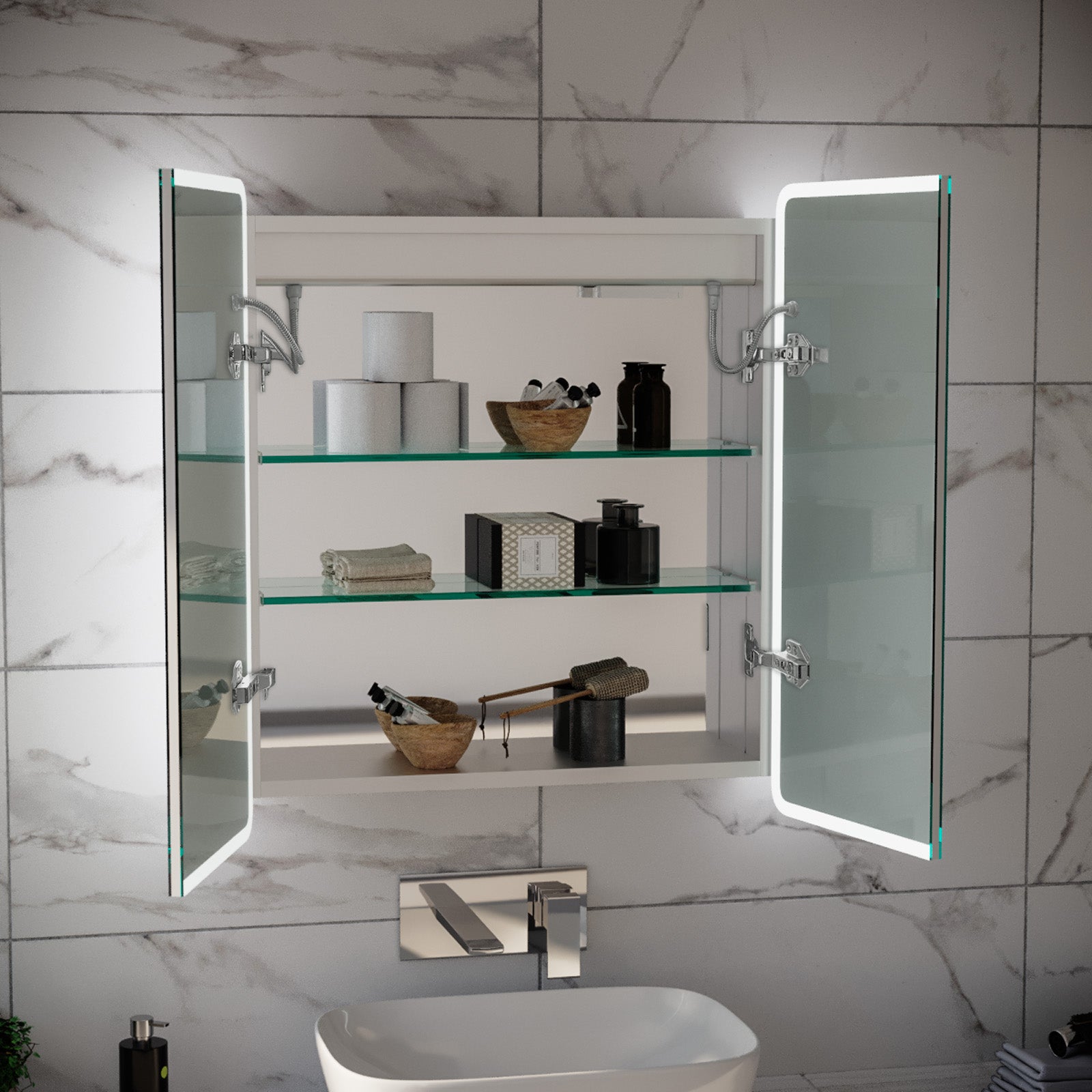 LED Bathroom Mirror Cabinet 2 Doors 600 x 130 x 700mm with Sensor