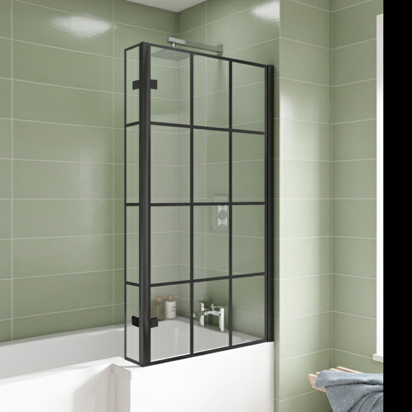 Reversible 6mm Tempered Glass Grid Bath Screen Matte Black