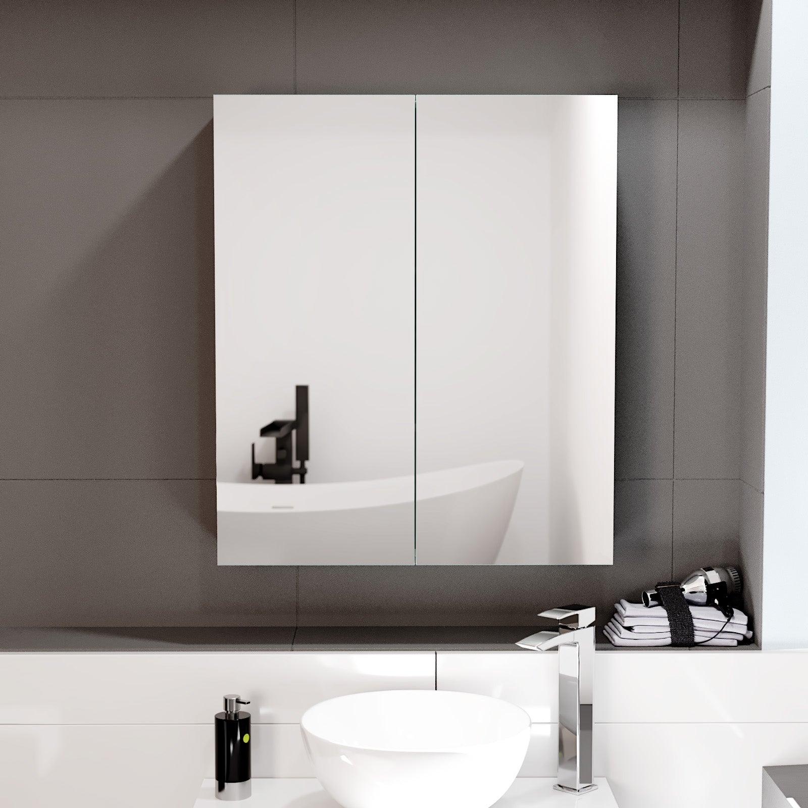 Dark Grey 600mm Bathroom Mirror Cabinet With Shelf Storage