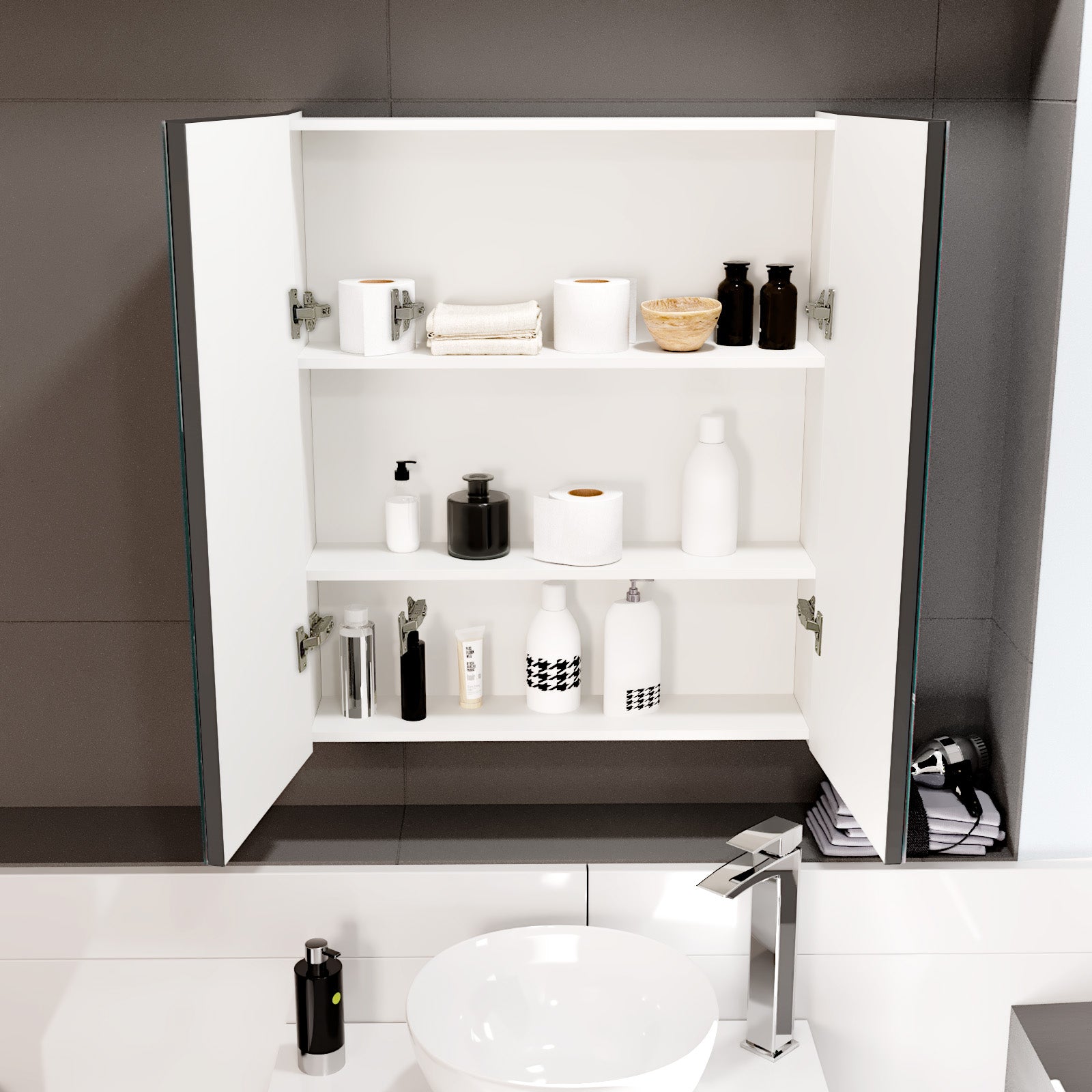 Dark Grey 600mm Bathroom Mirror Cabinet With Shelf Storage