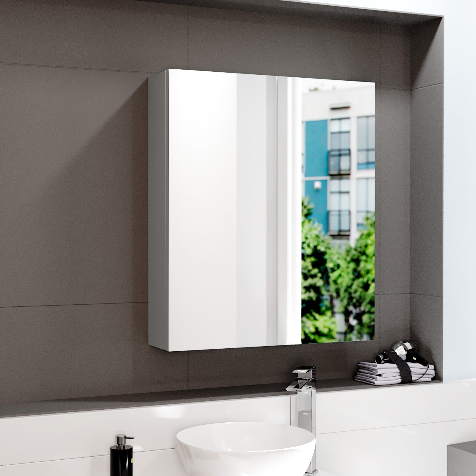 Matte Grey 600mm Bathroom Mirror Cabinet With Shelf Storage