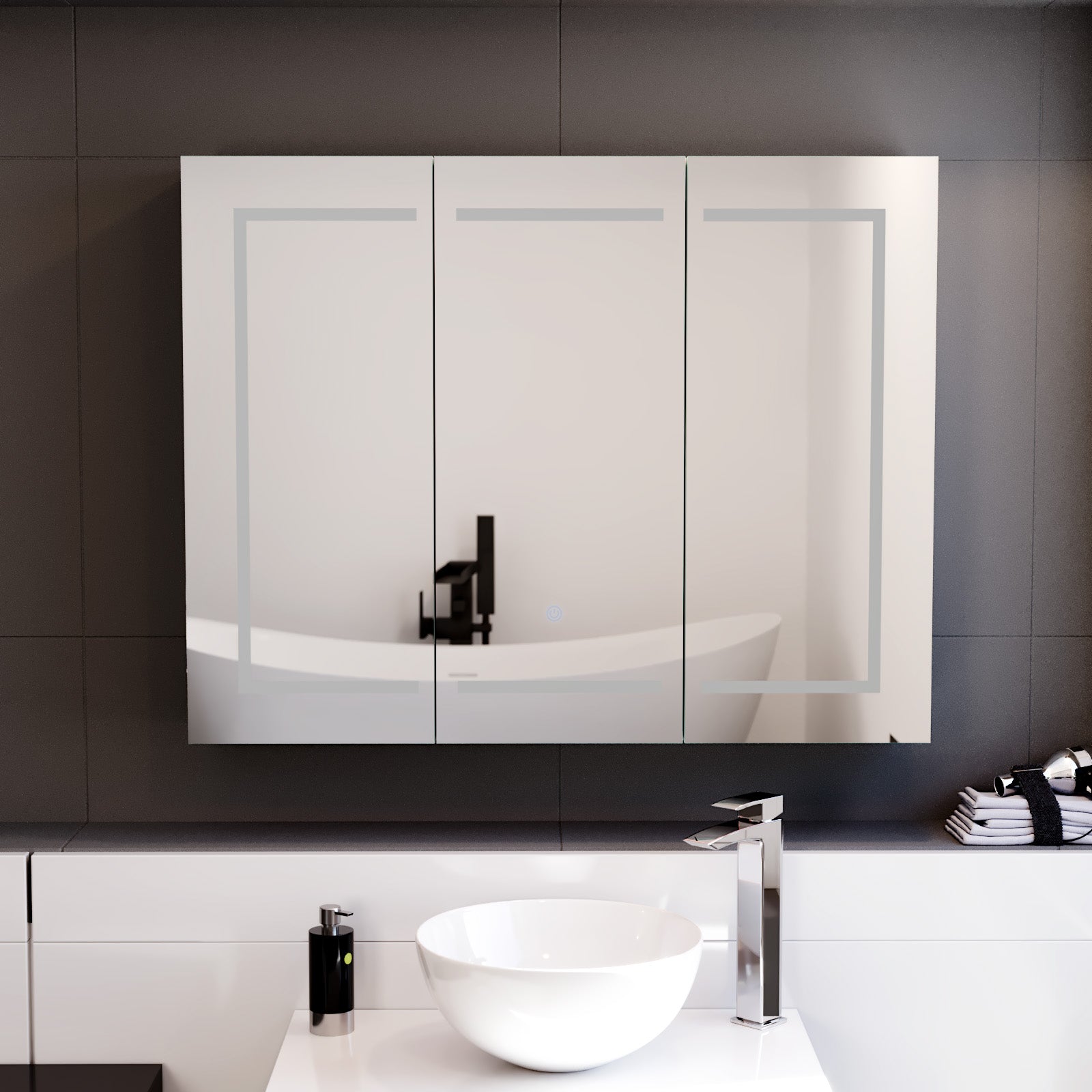 900mm LED 2 Doors White Bathroom Mirror Cabinet Battery Powered