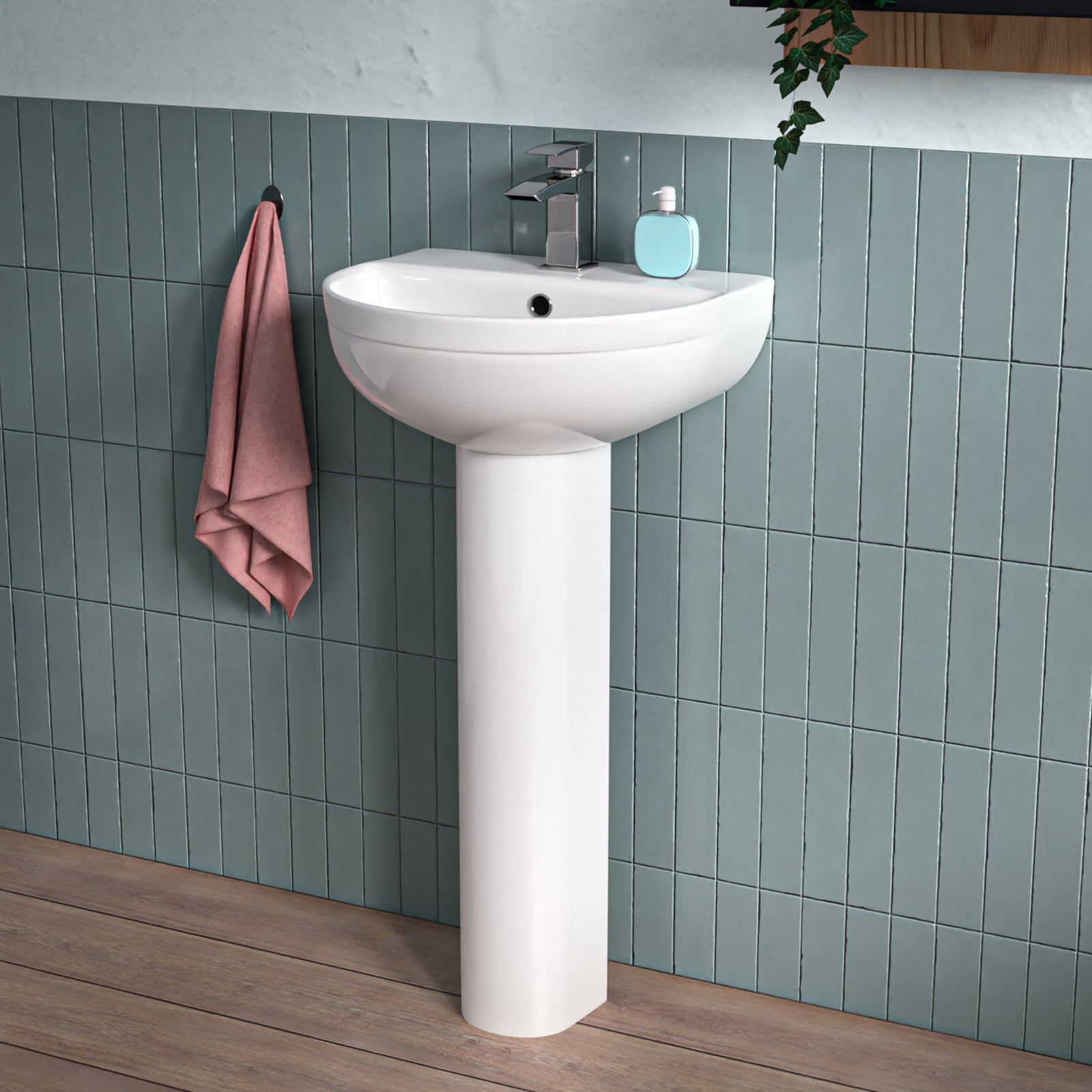 White 450mm Modern Round Edge Full Pedestal Basin