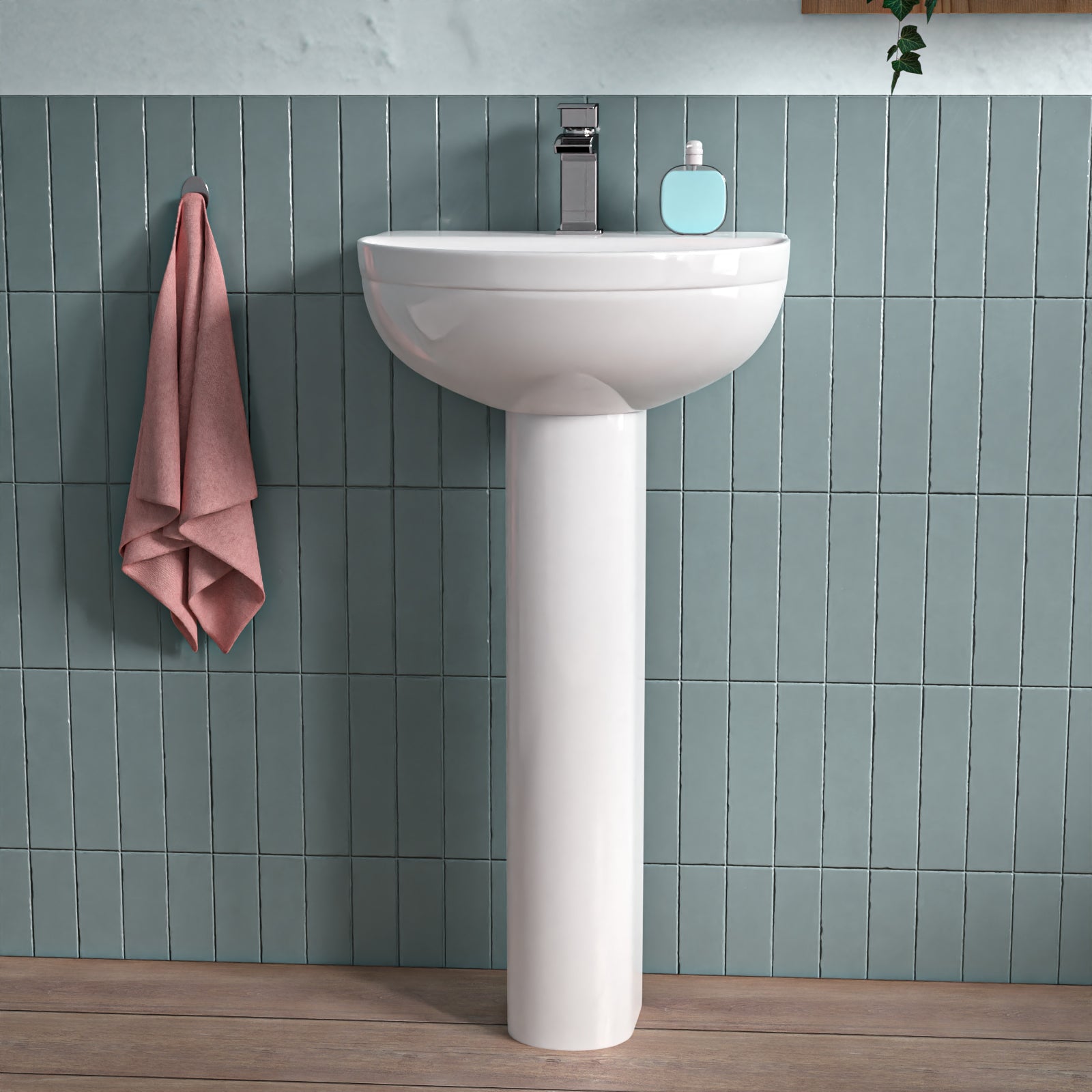 White 450mm Modern Round Edge Full Pedestal Basin