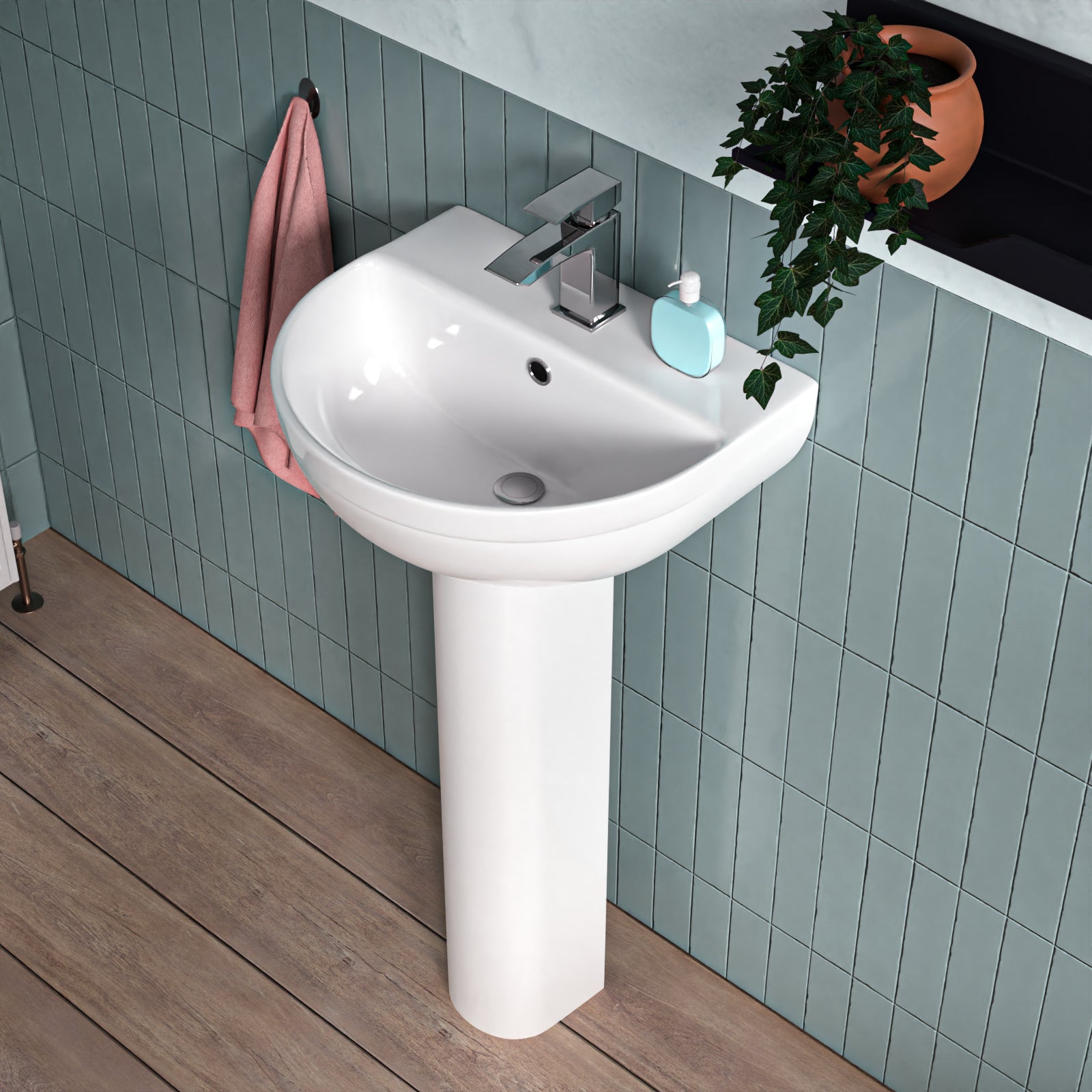 White 450mm Modern Round Edge Full Pedestal Basin
