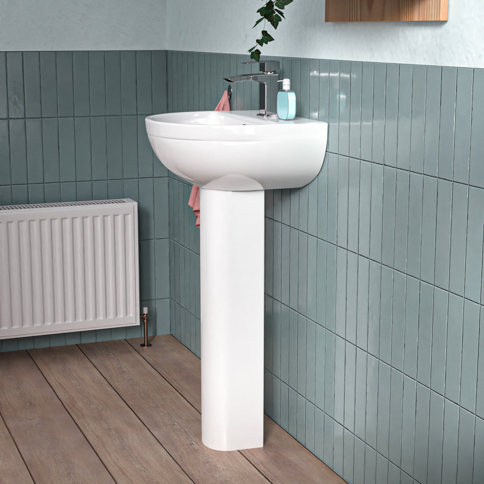 White 450mm Modern Round Edge Full Pedestal Basin
