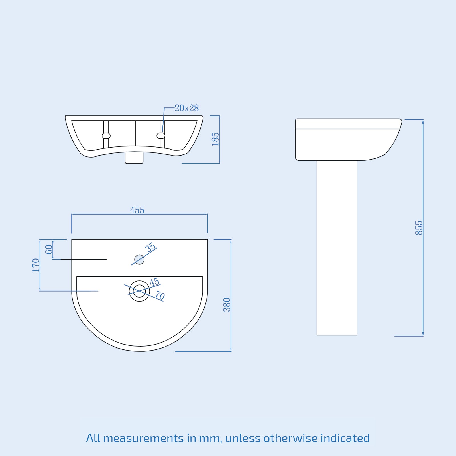 White 450mm Modern Round Edge Full Pedestal Basin