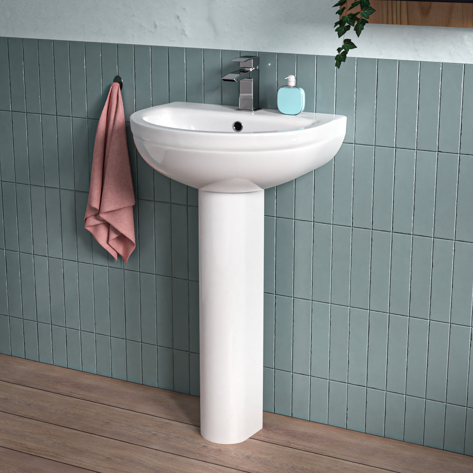 White 500mm Modern Round Edge Full Pedestal Basin