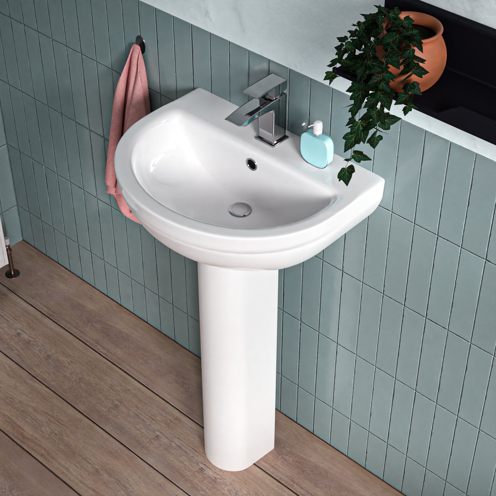 White 500mm Modern Round Edge Full Pedestal Basin