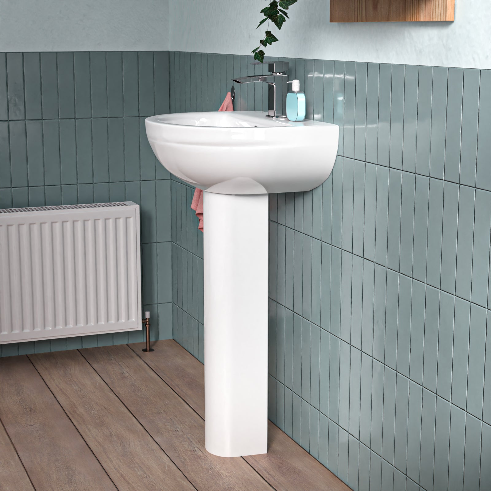 White 500mm Modern Round Edge Full Pedestal Basin