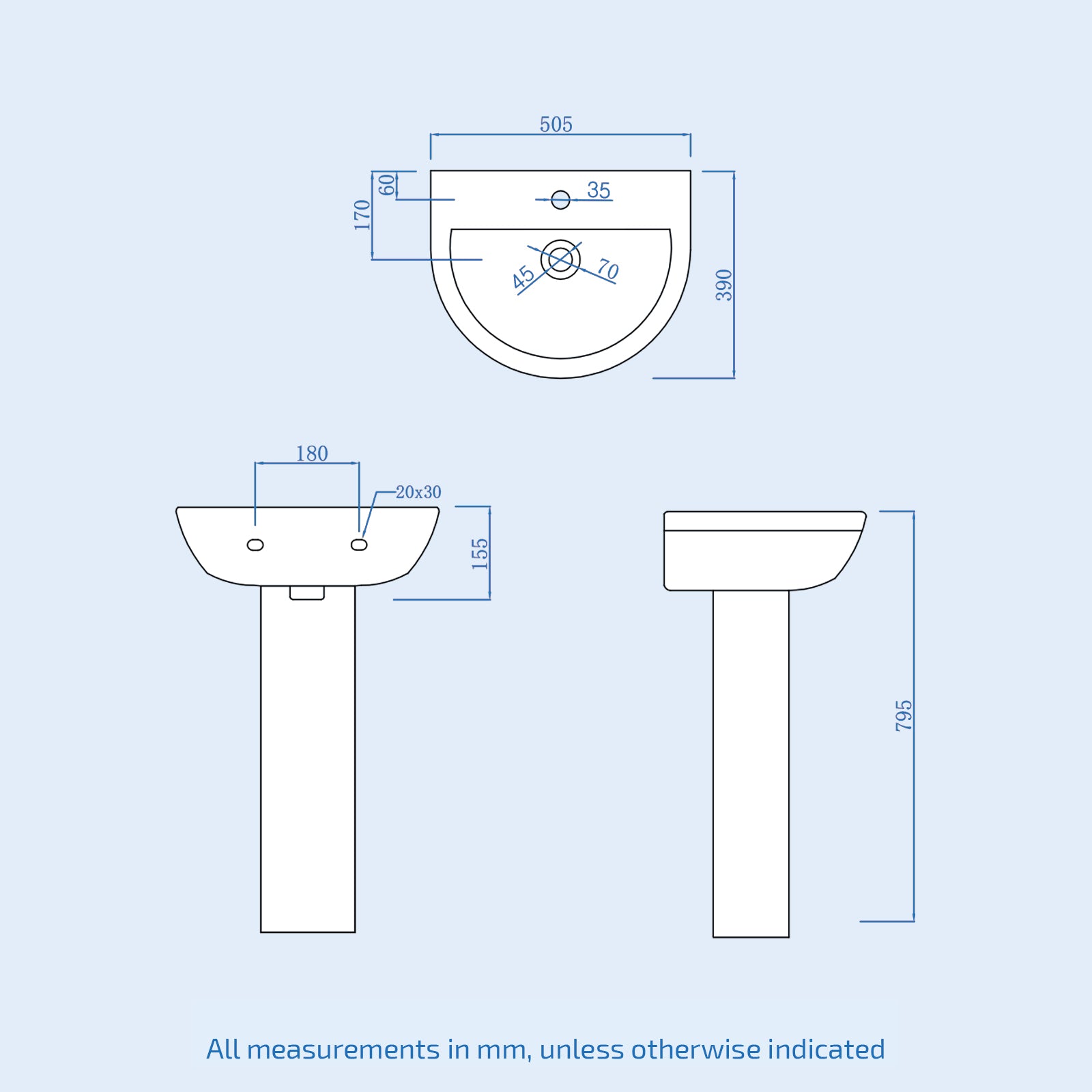 White 500mm Modern Round Edge Full Pedestal Basin