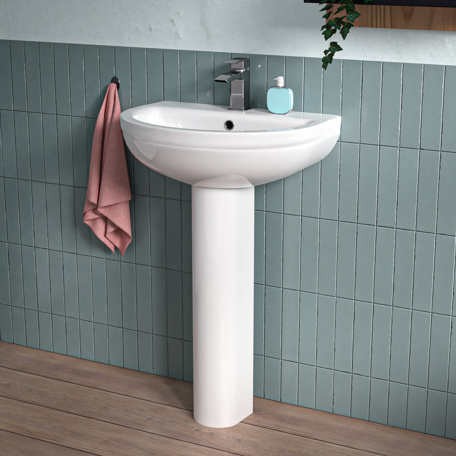 White 550mm Modern Round Edge Full Pedestal Basin