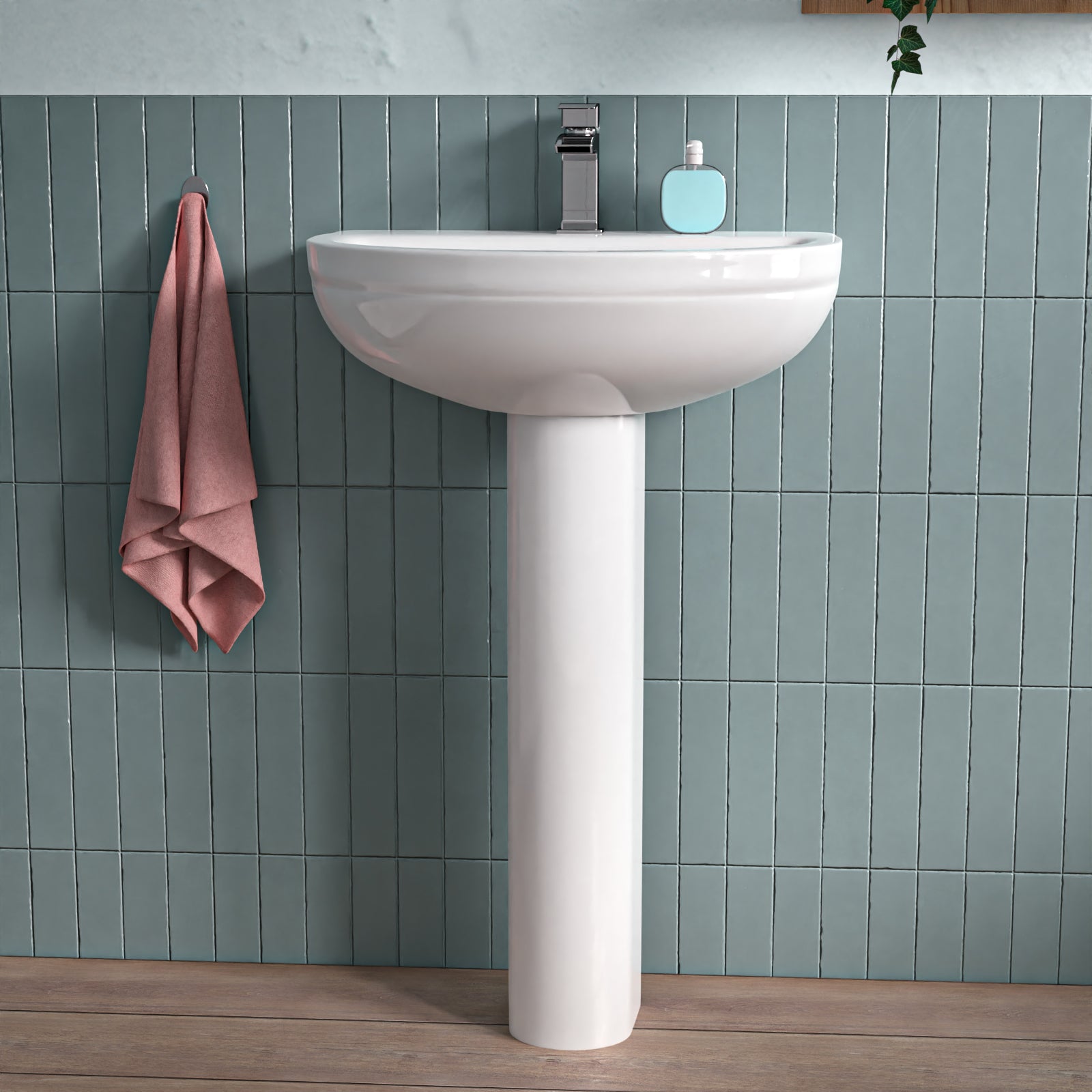 White 550mm Modern Round Edge Full Pedestal Basin