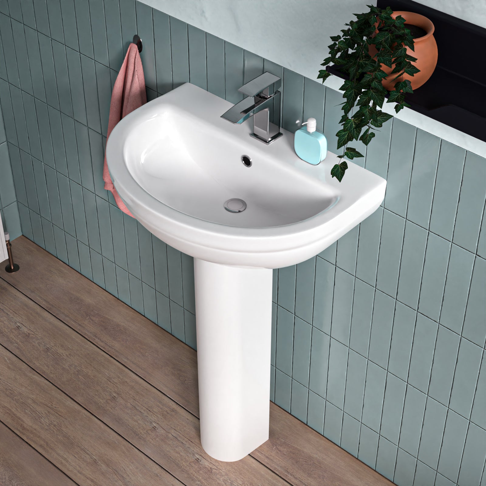 White 550mm Modern Round Edge Full Pedestal Basin