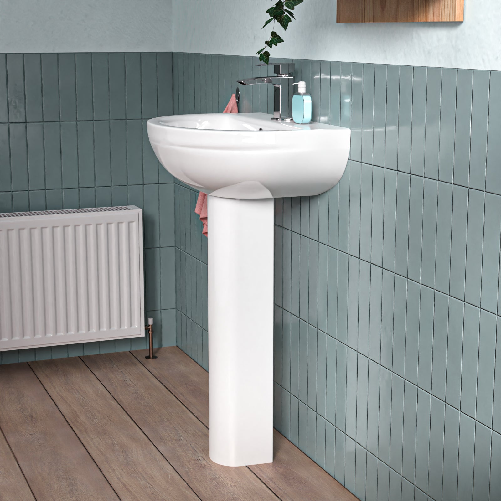 White 550mm Modern Round Edge Full Pedestal Basin
