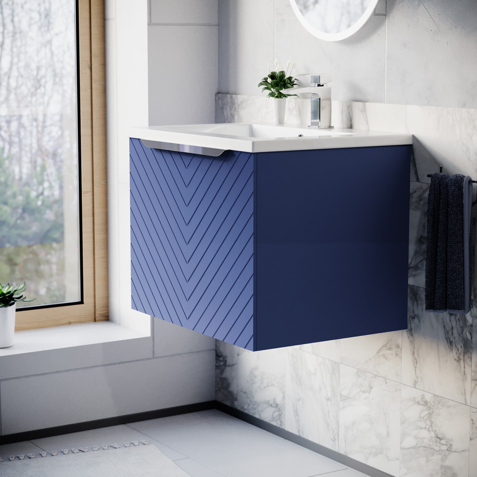 Roxy 600mm Wall Hung Blue Drawers Basin Vanity Silver Handle