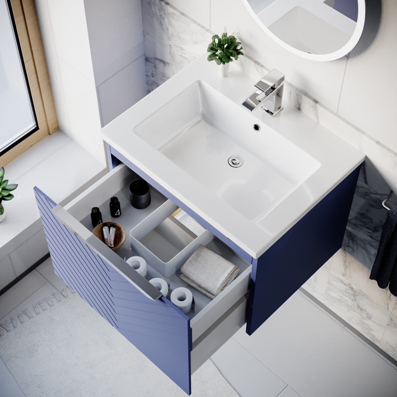 Roxy 600mm Wall Hung Blue Drawers Basin Vanity Silver Handle
