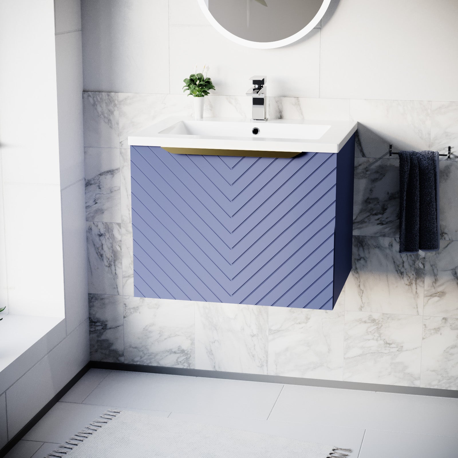 Roxy 600mm Wall Hung Blue Drawers Basin Vanity Brushed Brass Handle