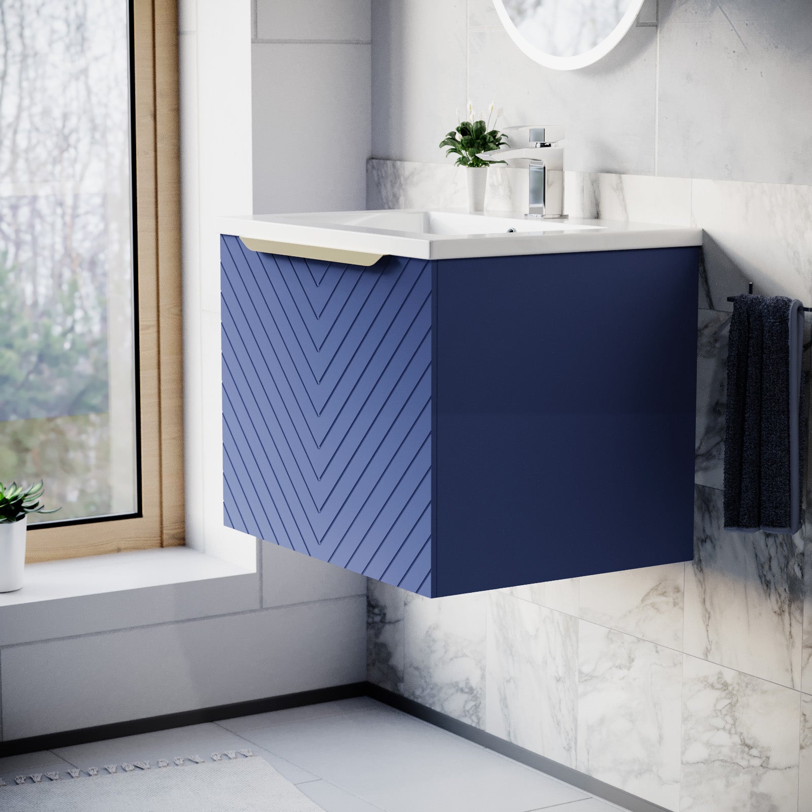 Roxy 600mm Wall Hung Blue Drawers Basin Vanity Brushed Brass Handle