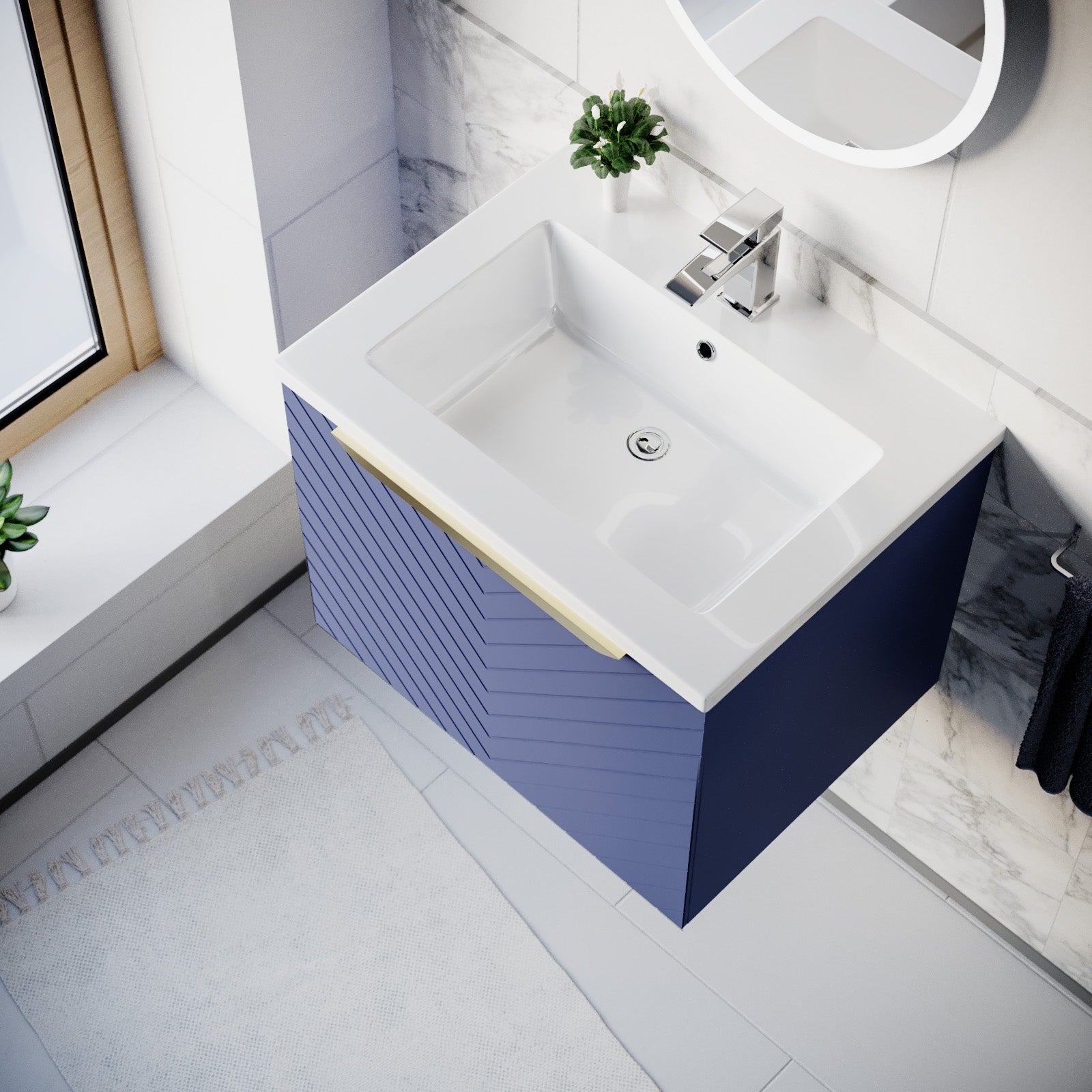 Roxy 600mm Wall Hung Blue Drawers Basin Vanity Brushed Brass Handle