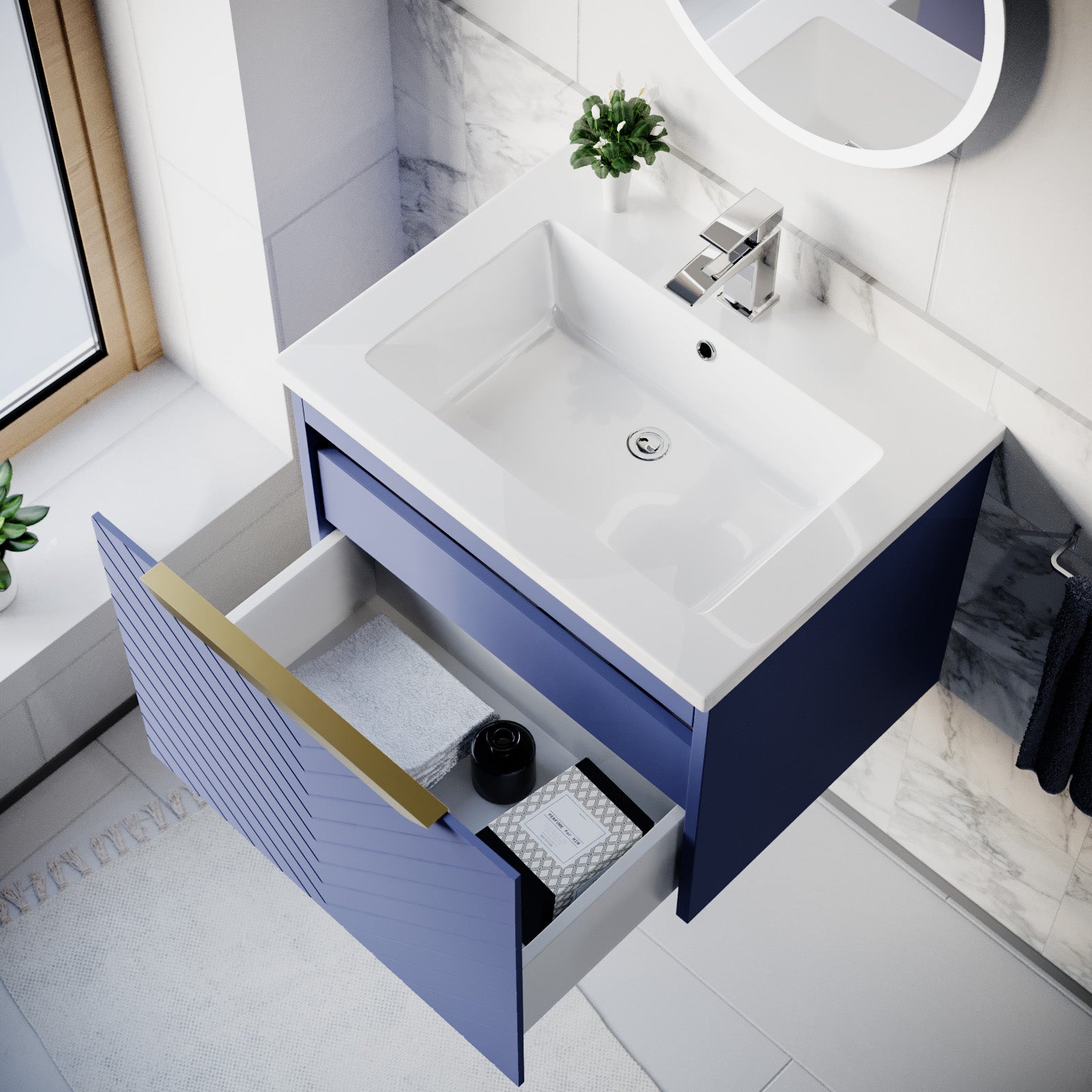 Roxy 600mm Wall Hung Blue Drawers Basin Vanity Brushed Brass Handle