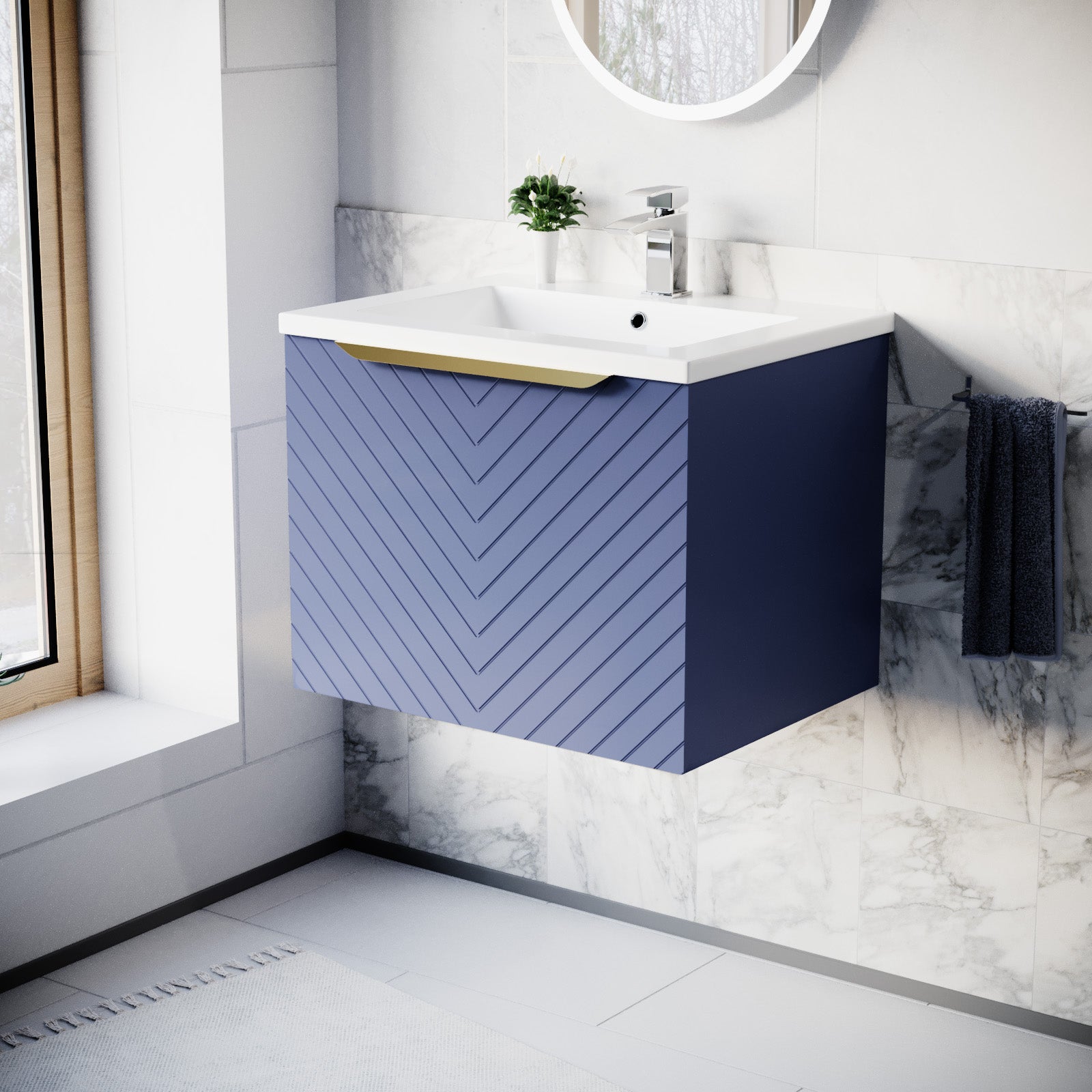 Roxy 600mm Wall Hung Blue Drawers Basin Vanity Brushed Brass Handle