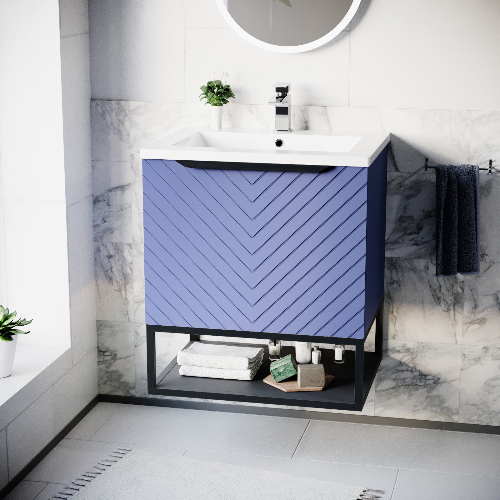 Roxy 600mm Wall Hung Blue Drawers Basin Vanity Black Frame & Handle